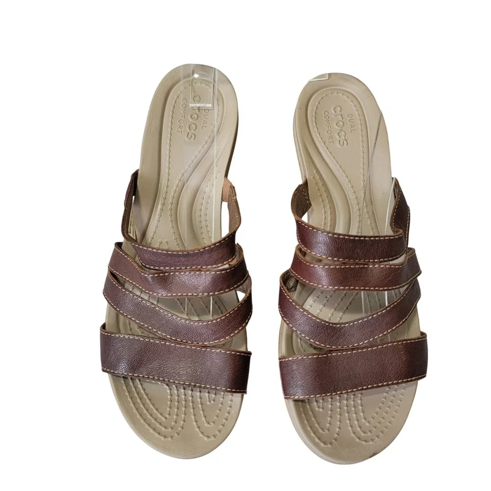 Crocs‎ Leigh-Ann Mini Wedge Espresso Mushroom Strappy Mules Sandals Brown Tan 8